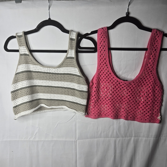 Set Of 2 Size Small Pink and Olive Crochet Cropped Tank Tops Y2k Boho Layering - Picture 6 of 6